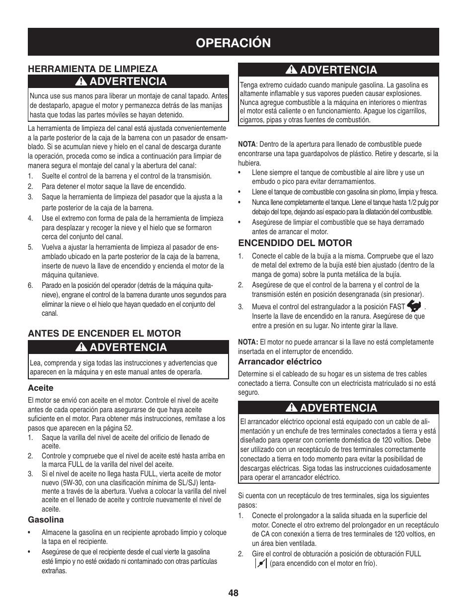 Operación, Advertencia | Sears 247.88355 User Manual | Page 48 / 64