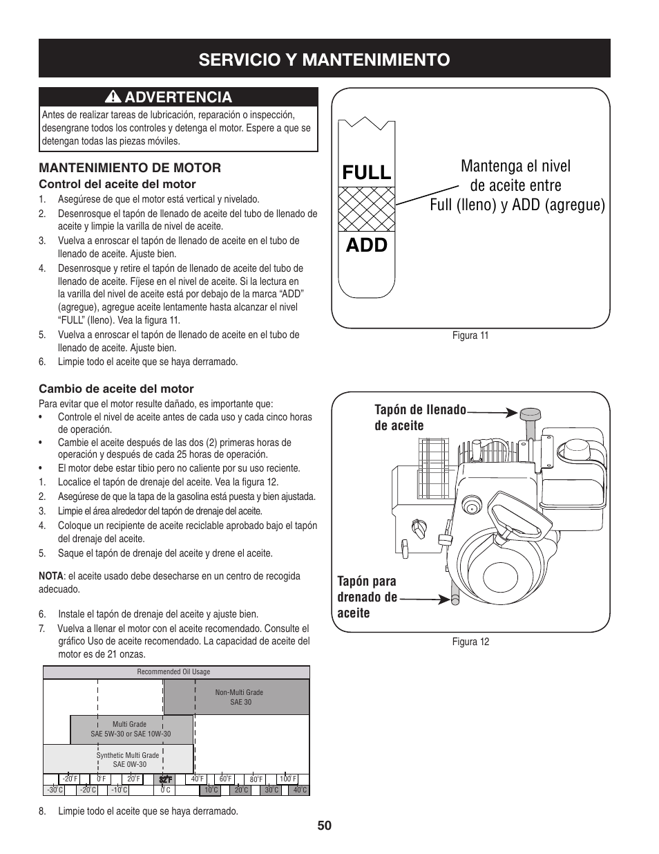 Full add, Servicio y mantenimiento, Mantenga el nivel | De aceite entre full (lleno) y add (agregue), Advertencia, Mantenimiento de motor, Control del aceite del motor, Cambio de aceite del motor | Sears 247.88355 User Manual | Page 50 / 64