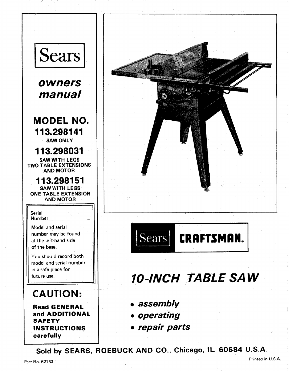 Sears 113.298141 User Manual | 44 pages