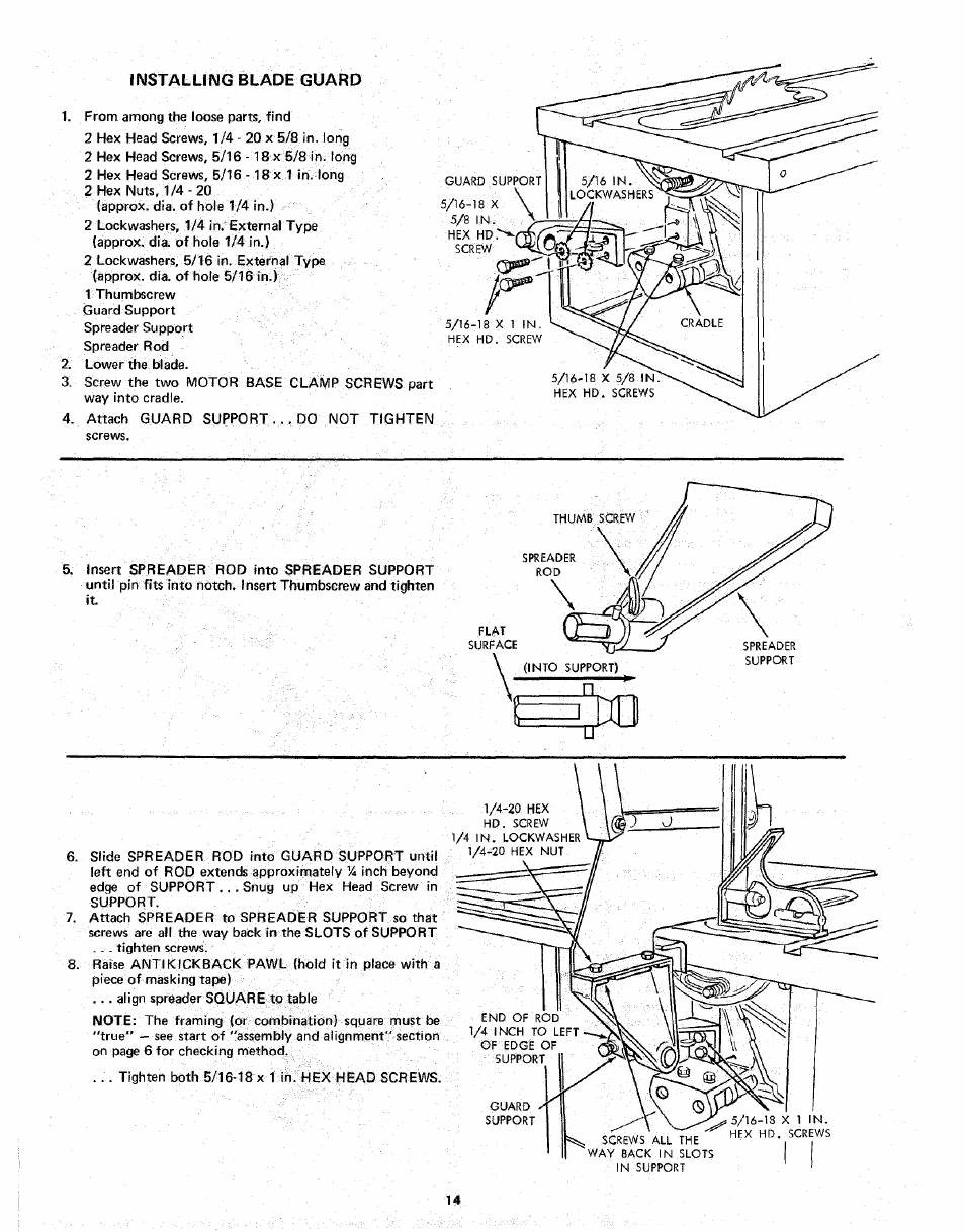 Installing blade guard | Sears 113.298141 User Manual | Page 14 / 44
