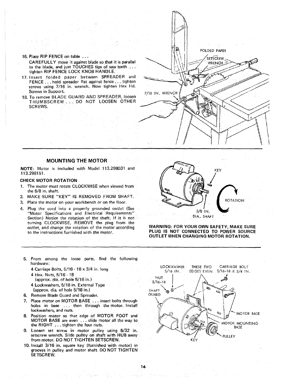 Mounting the motor | Sears 113.298141 User Manual | Page 16 / 44