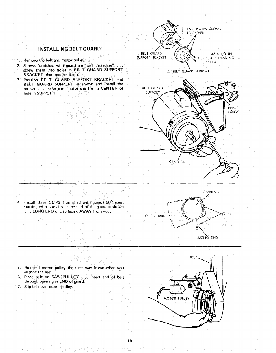 Installing belt guard | Sears 113.298141 User Manual | Page 18 / 44
