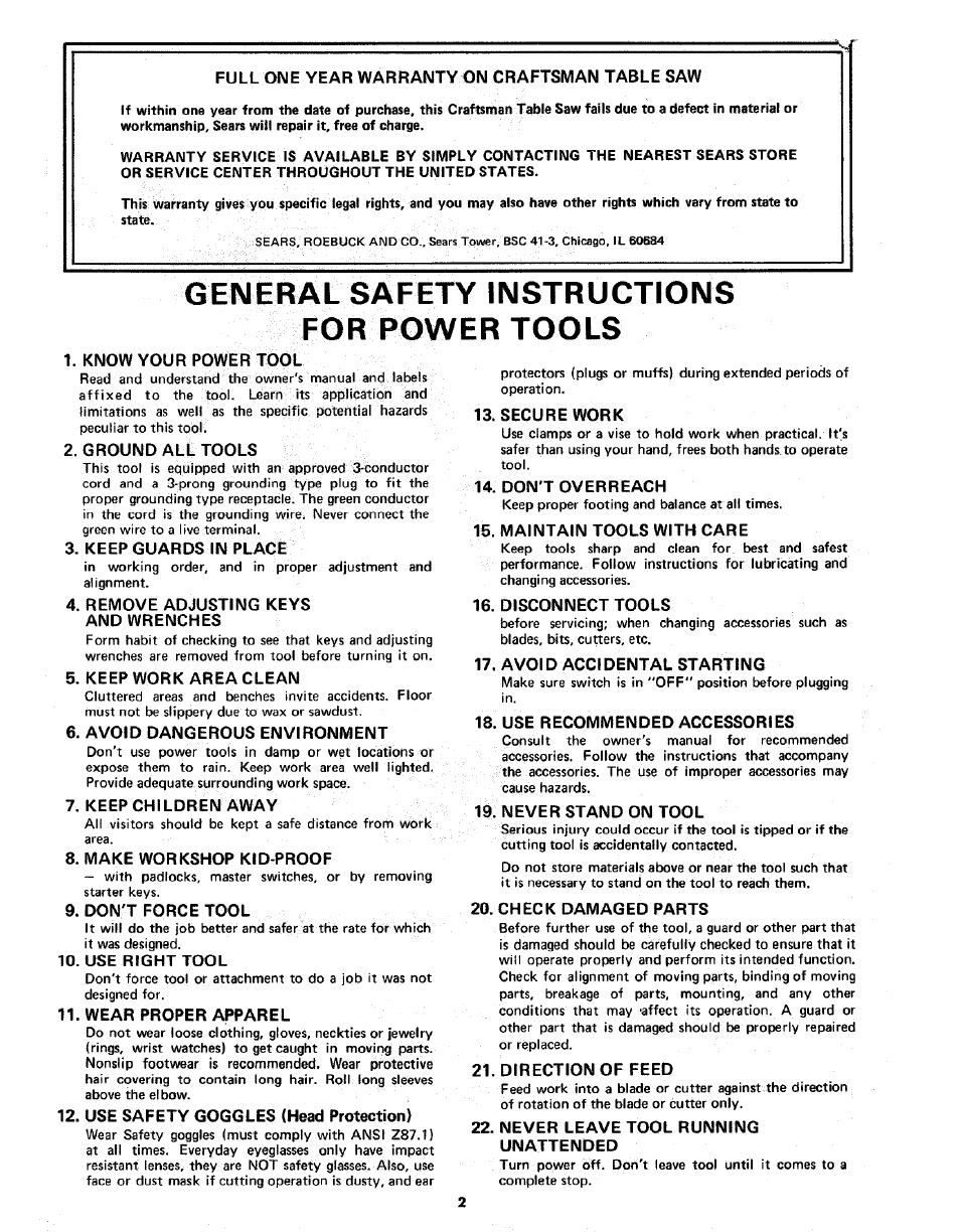 General safety instructions for power tools | Sears 113.298141 User Manual | Page 2 / 44