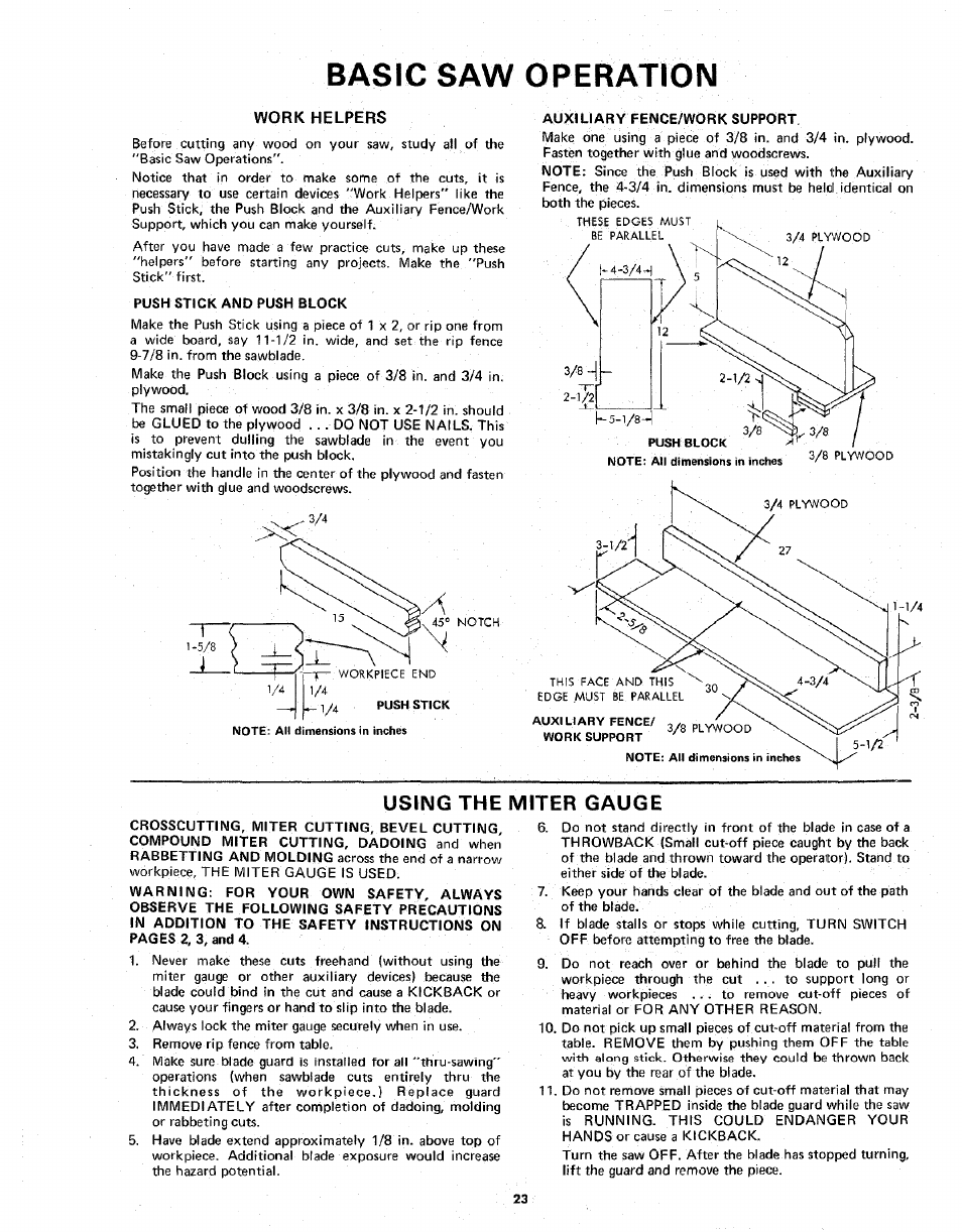 Basic saw operation, Using the, Miter gauge | Sears 113.298141 User Manual | Page 23 / 44