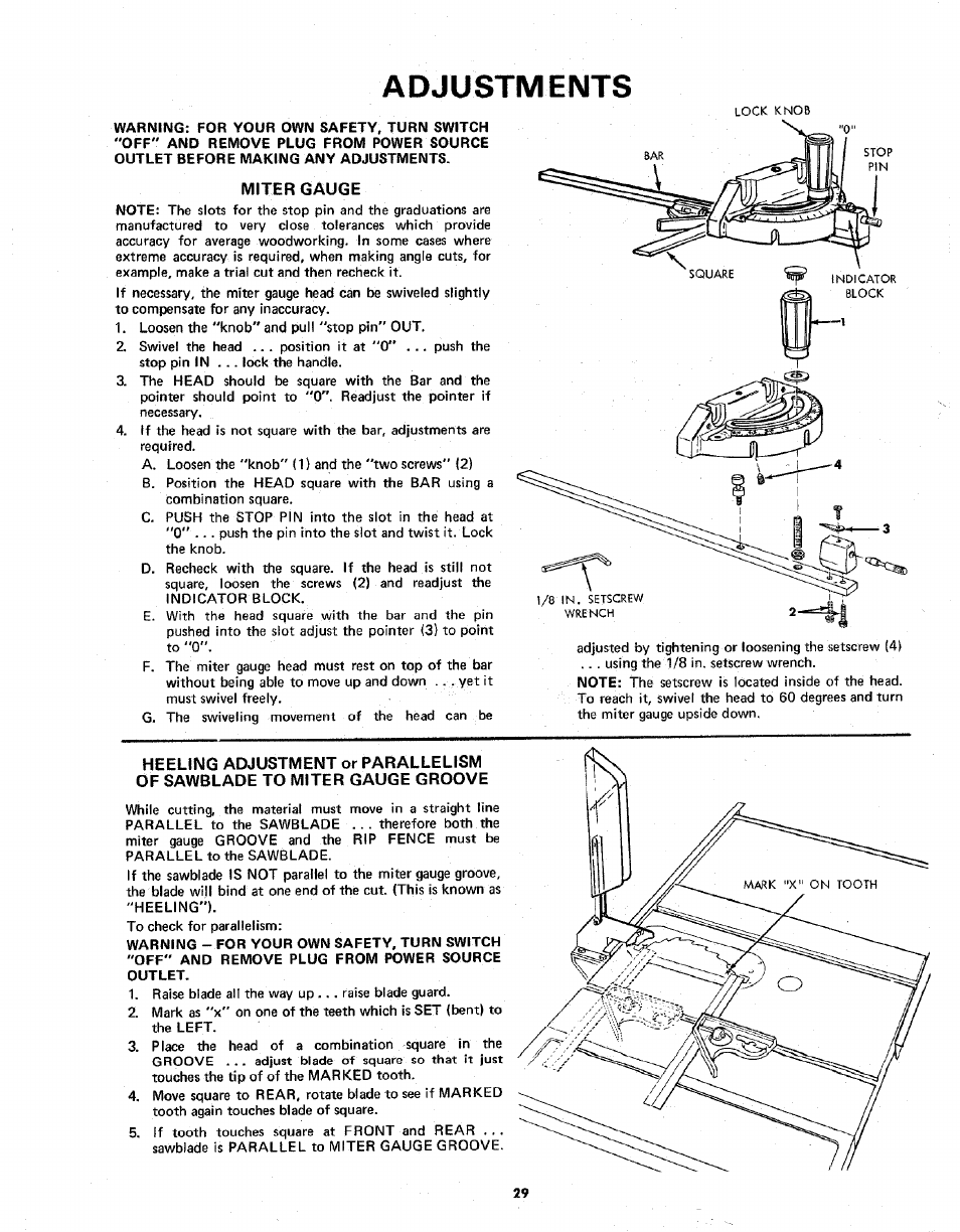 Adjustments | Sears 113.298141 User Manual | Page 29 / 44