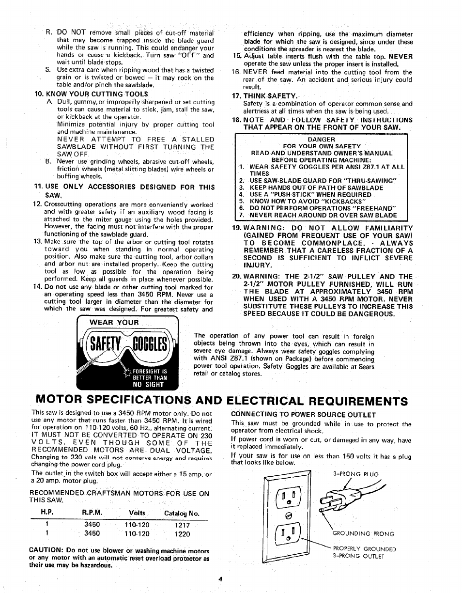 Motor specifications and electrical requirements | Sears 113.298141 User Manual | Page 4 / 44