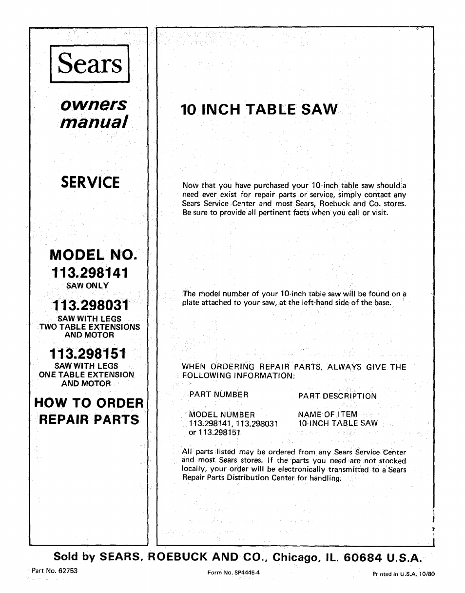 Model no. 113.298141, How to order repair parts, 10 inch table saw | Owners manual, Service | Sears 113.298141 User Manual | Page 44 / 44