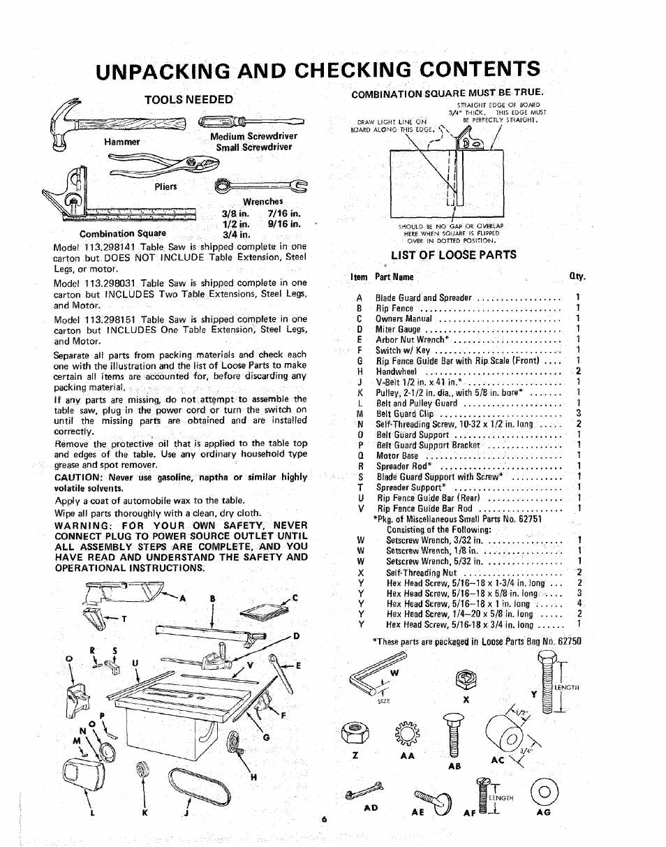 Unpacking and checking contents, F ( o, List of loose parts | Sears 113.298141 User Manual | Page 6 / 44