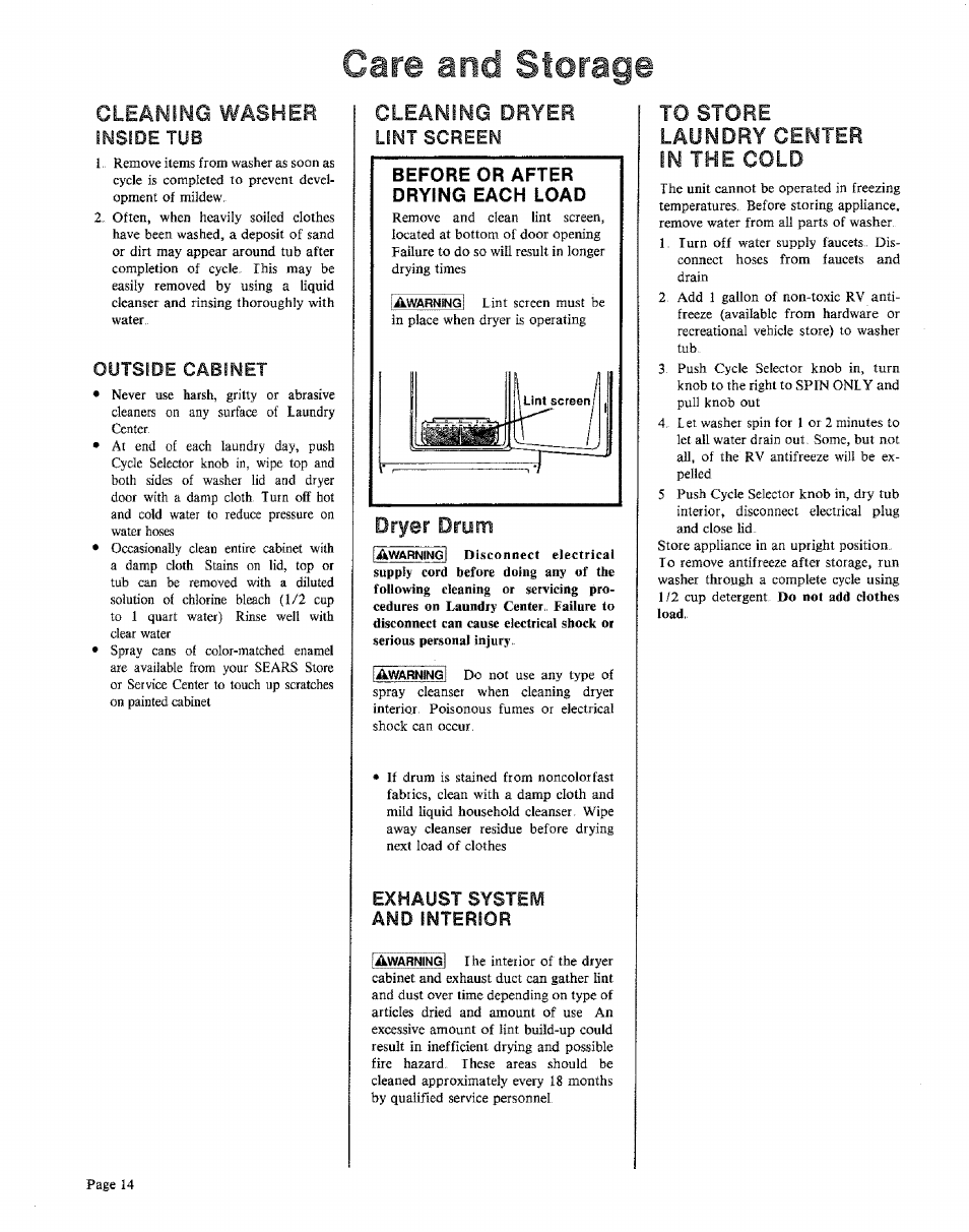 Care and storage, Cleaning washer, Gleaming dryer | Dryer drum | Sears KENMORE 91601 User Manual | Page 14 / 16