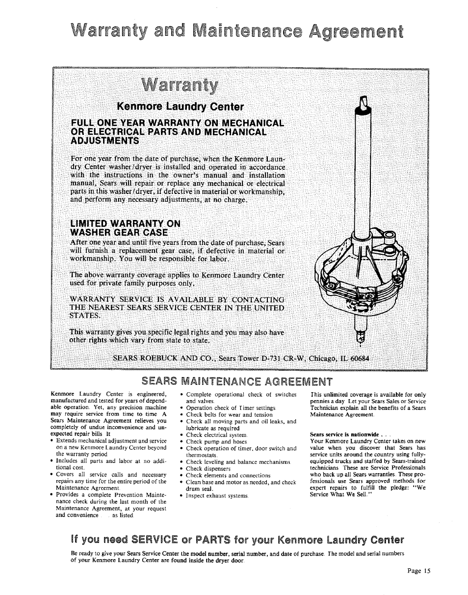 Warranty and mamisngne® agreement, Kenmore laundry center, Limited warranty on washer gear case | If yoy n, D ser¥ige, Parts for y©yr kenmere laundry center, Sears maintenance agreement, Il i @111 | Sears KENMORE 91601 User Manual | Page 15 / 16