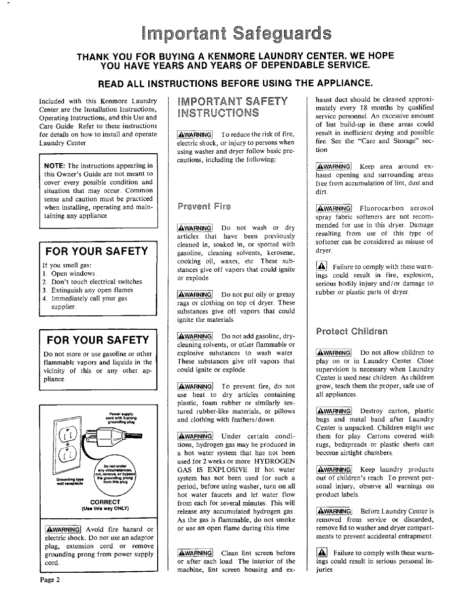 Read all instructions before using the appliance, Important safeguards, For your safety | Important safety instructions, Protect childreri, Prevent fire | Sears KENMORE 91601 User Manual | Page 2 / 16