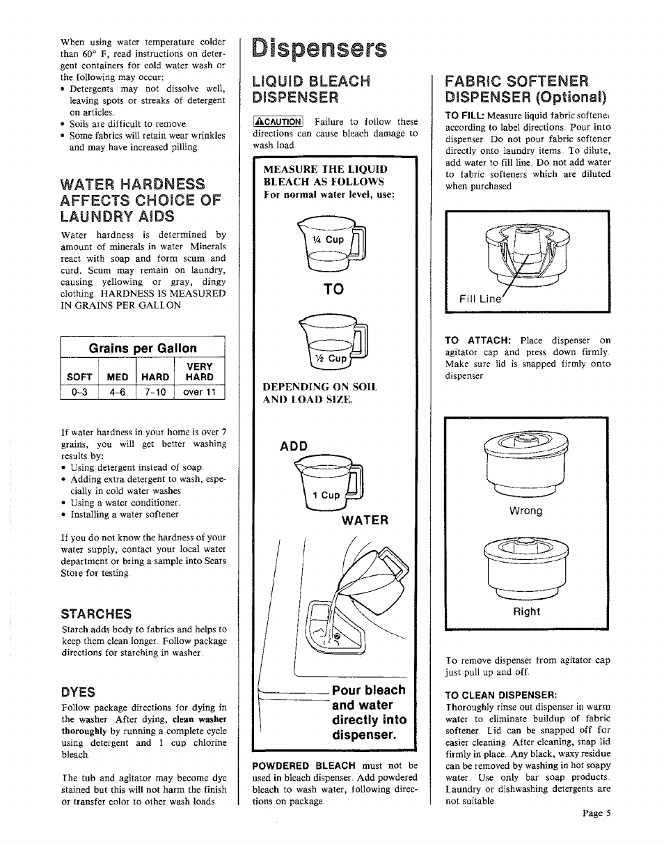 Water hardness, Dispensers, Affects choice of laundry aids | Liquid bleach dispenser, Fabric softener dispenser (optional) | Sears KENMORE 91601 User Manual | Page 5 / 16