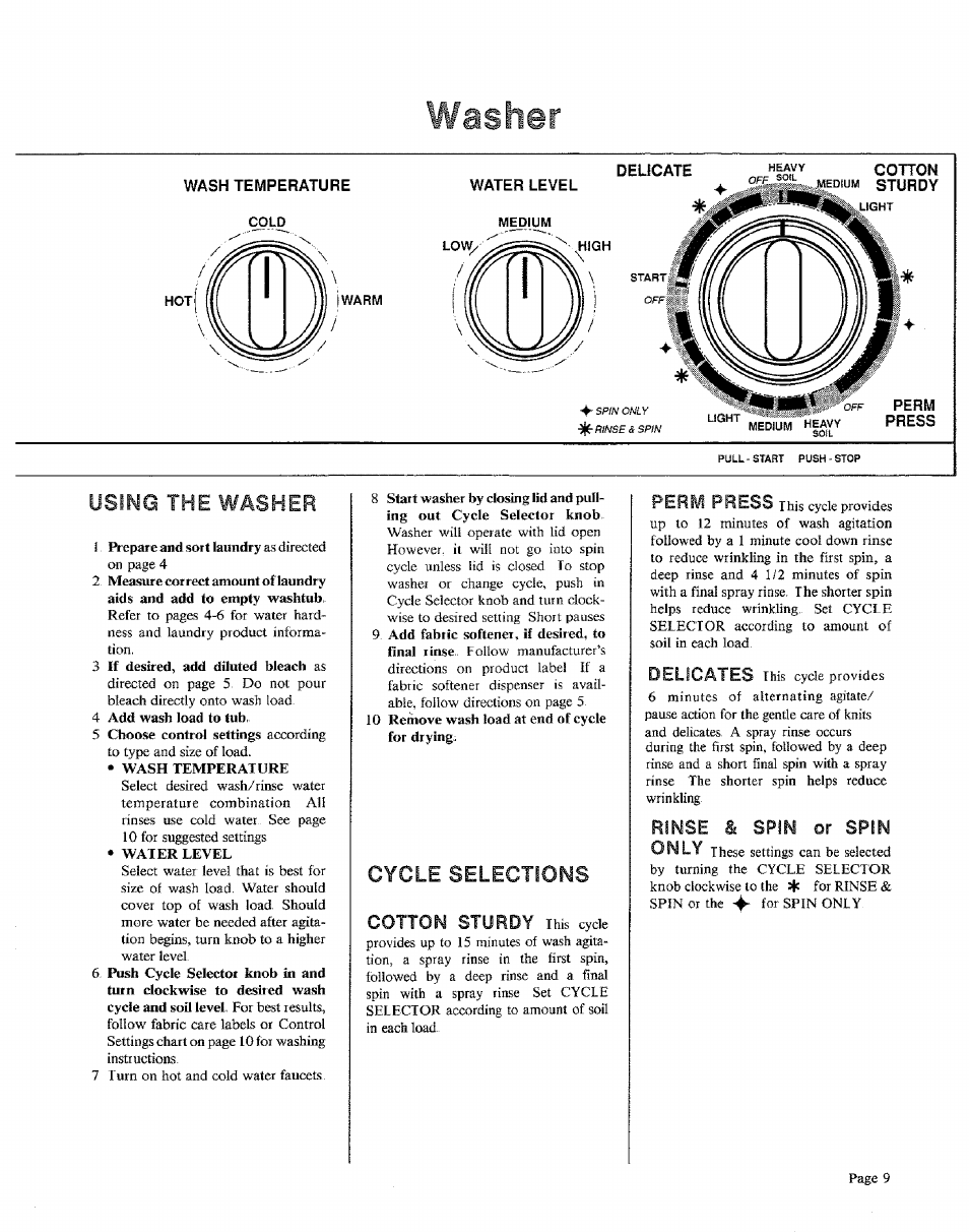 Wash temperature, Water level, Heavy cotton | Gs£ss«.^.wedium sturdy, Off perm press, Washer, Using the washer, Cycle selections, Rinse gt spin or spin only | Sears KENMORE 91601 User Manual | Page 9 / 16