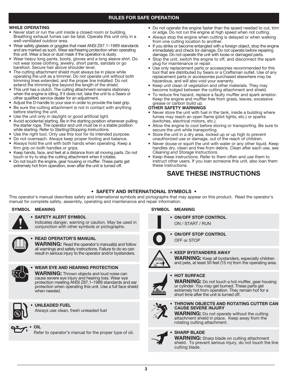 Save these instructions | Sears 316.79197 User Manual | Page 3 / 36