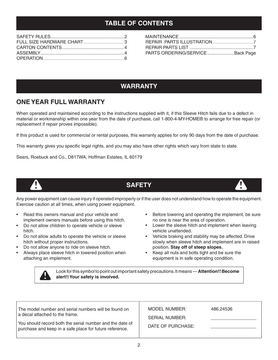 Sears 486.24536 User Manual | Page 2 / 8