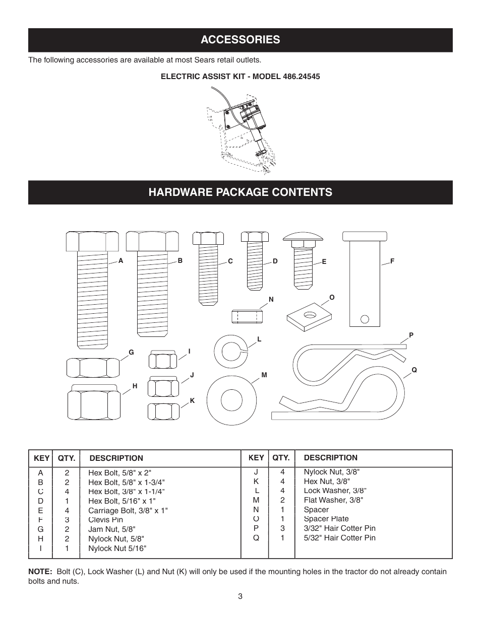 Hardware package contents, Accessories | Sears 486.24536 User Manual | Page 3 / 8