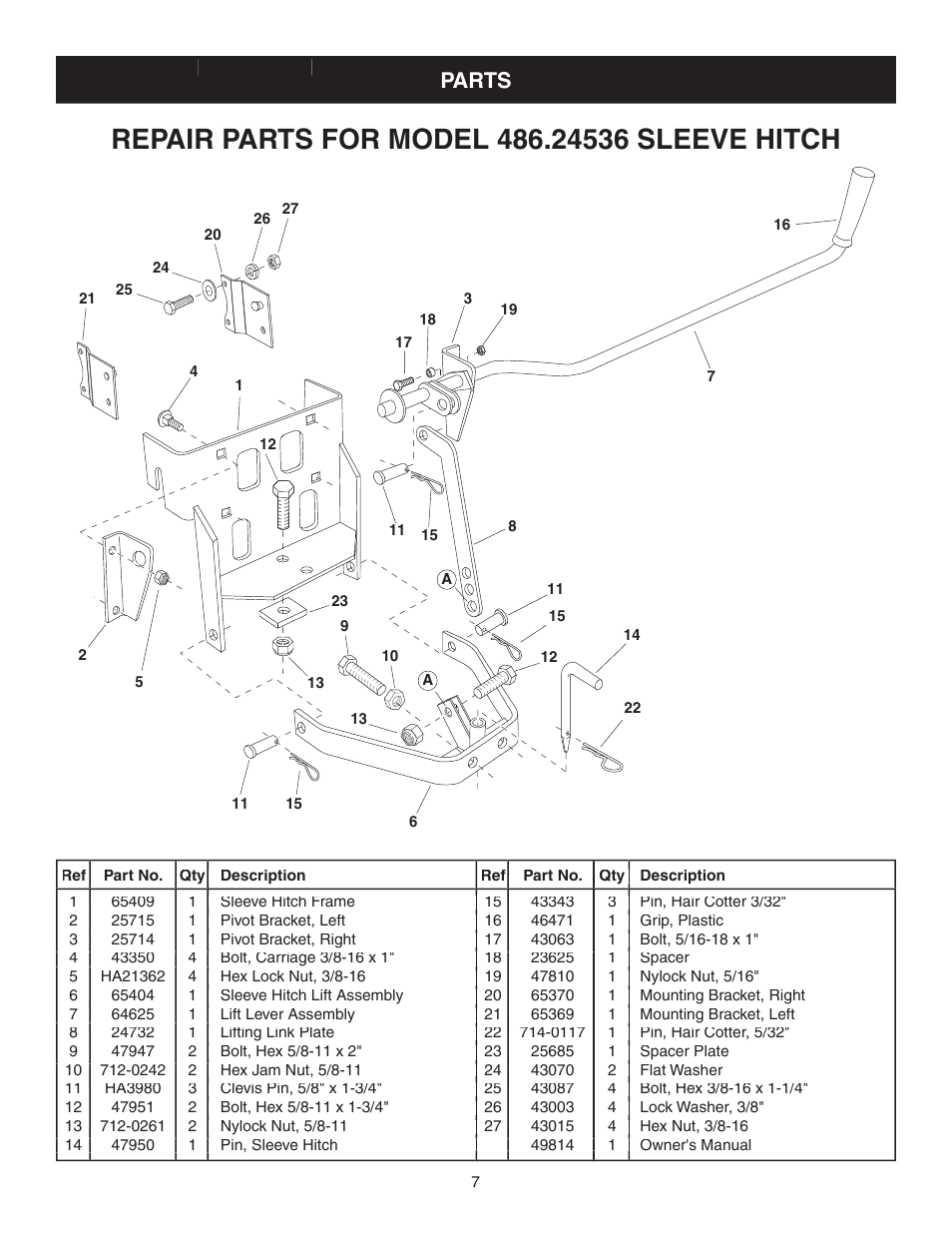 As sem bly, As sem bly parts | Sears 486.24536 User Manual | Page 7 / 8