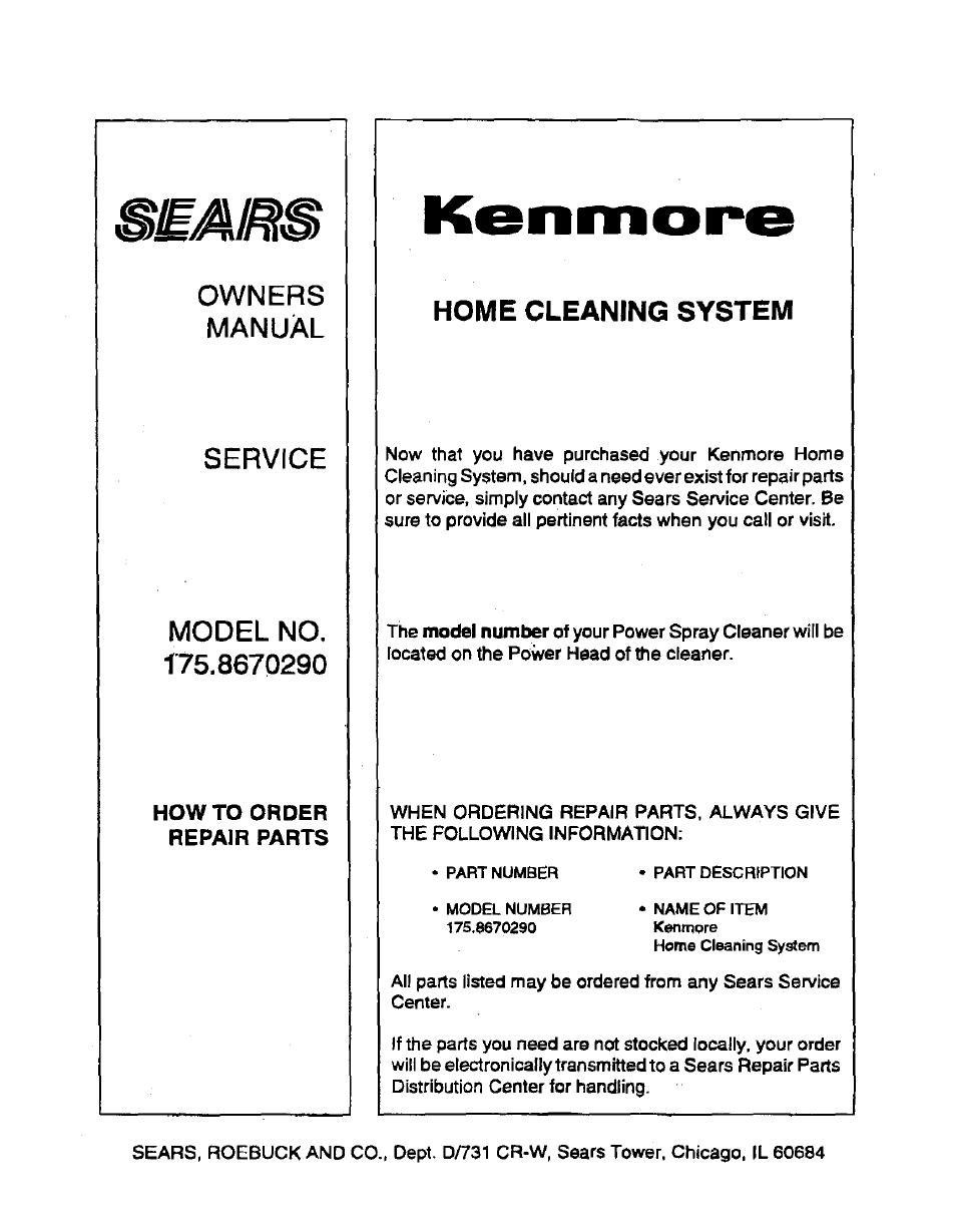 How to order repair parts, Kenmore, Home cleaning system | Owners, Service model no, Manual | Sears 175.867029 User Manual | Page 16 / 16
