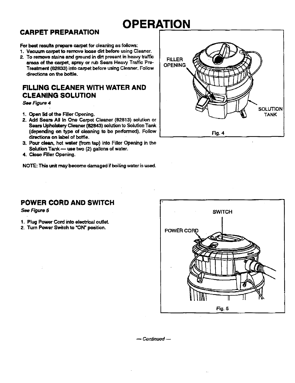 Carpet preparation, Filling cleaner with water and cleaning solution, Power cord and switch | Operation | Sears 175.867029 User Manual | Page 5 / 16