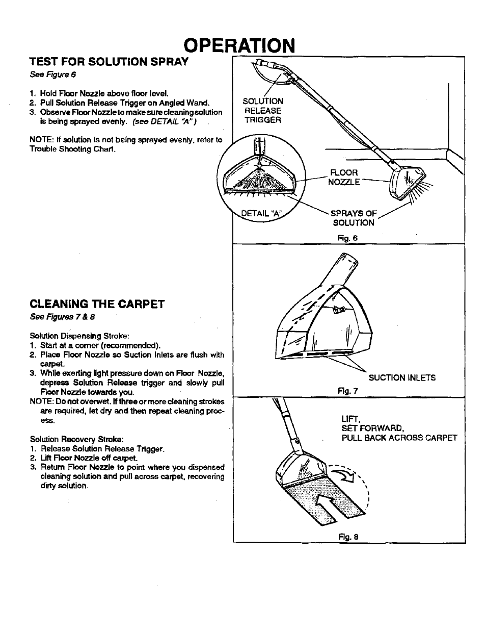 Test for solution spray, Cleaning the carpet, Operation | Sears 175.867029 User Manual | Page 6 / 16