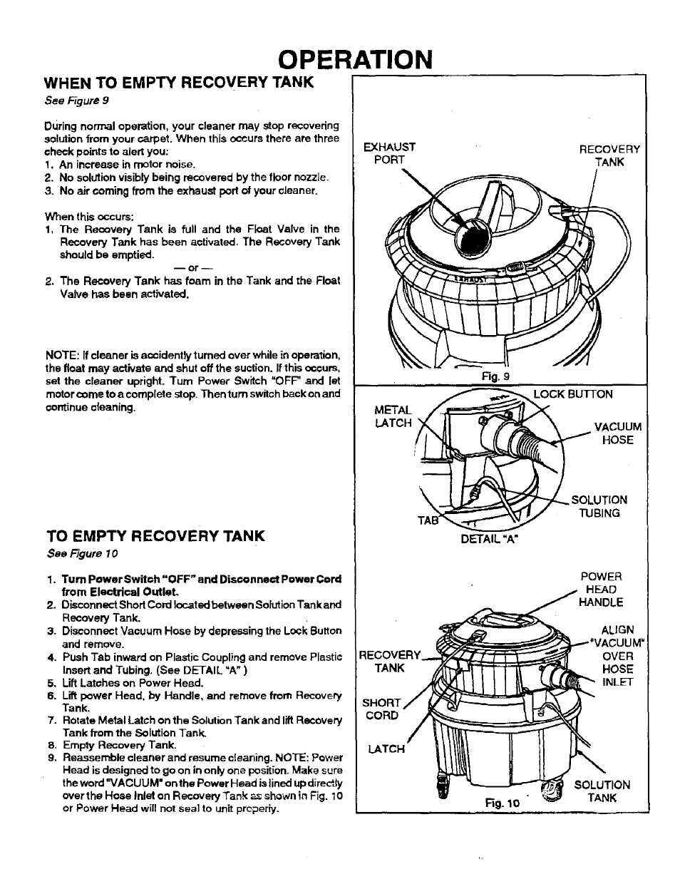 When to empty recovery tank, To empty recovery tank, Operation | Sears 175.867029 User Manual | Page 7 / 16