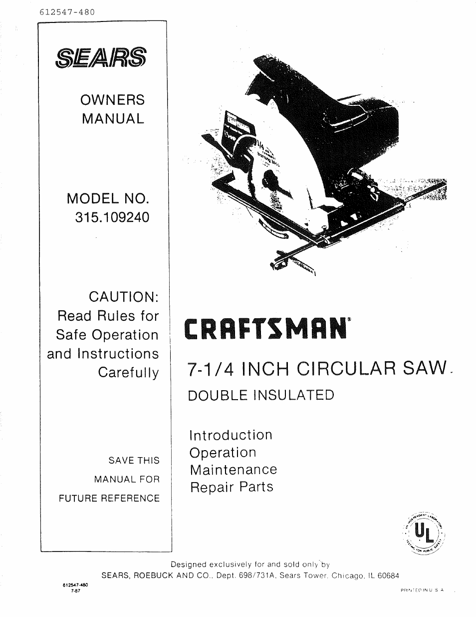 Sears 315.10924 User Manual | 16 pages
