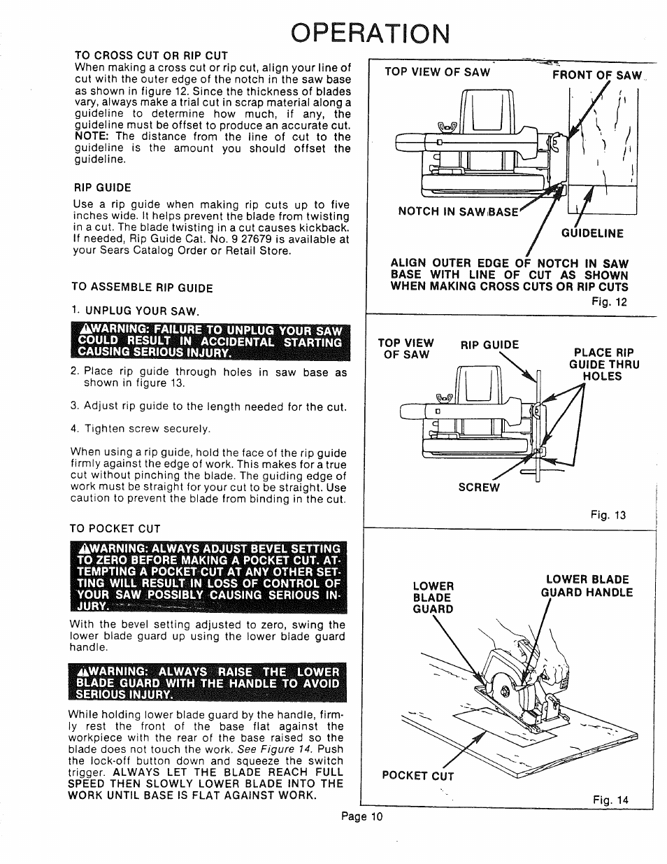 Operation | Sears 315.10924 User Manual | Page 10 / 16