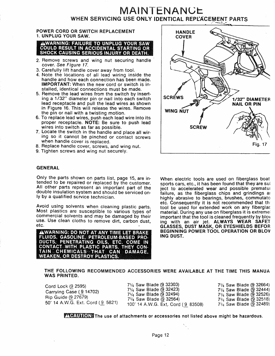 Maintenanüh | Sears 315.10924 User Manual | Page 12 / 16