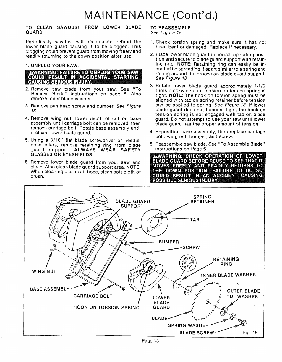 Maintenance (cont’d.) | Sears 315.10924 User Manual | Page 13 / 16