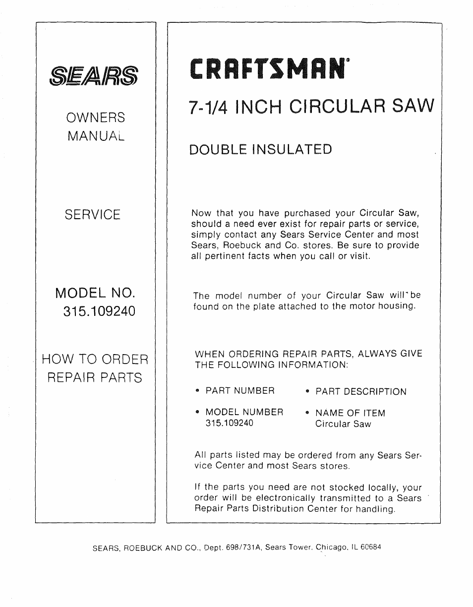 Crrftsmrn, 1/4 inch circular saw, Double insulated | Sears 315.10924 User Manual | Page 16 / 16