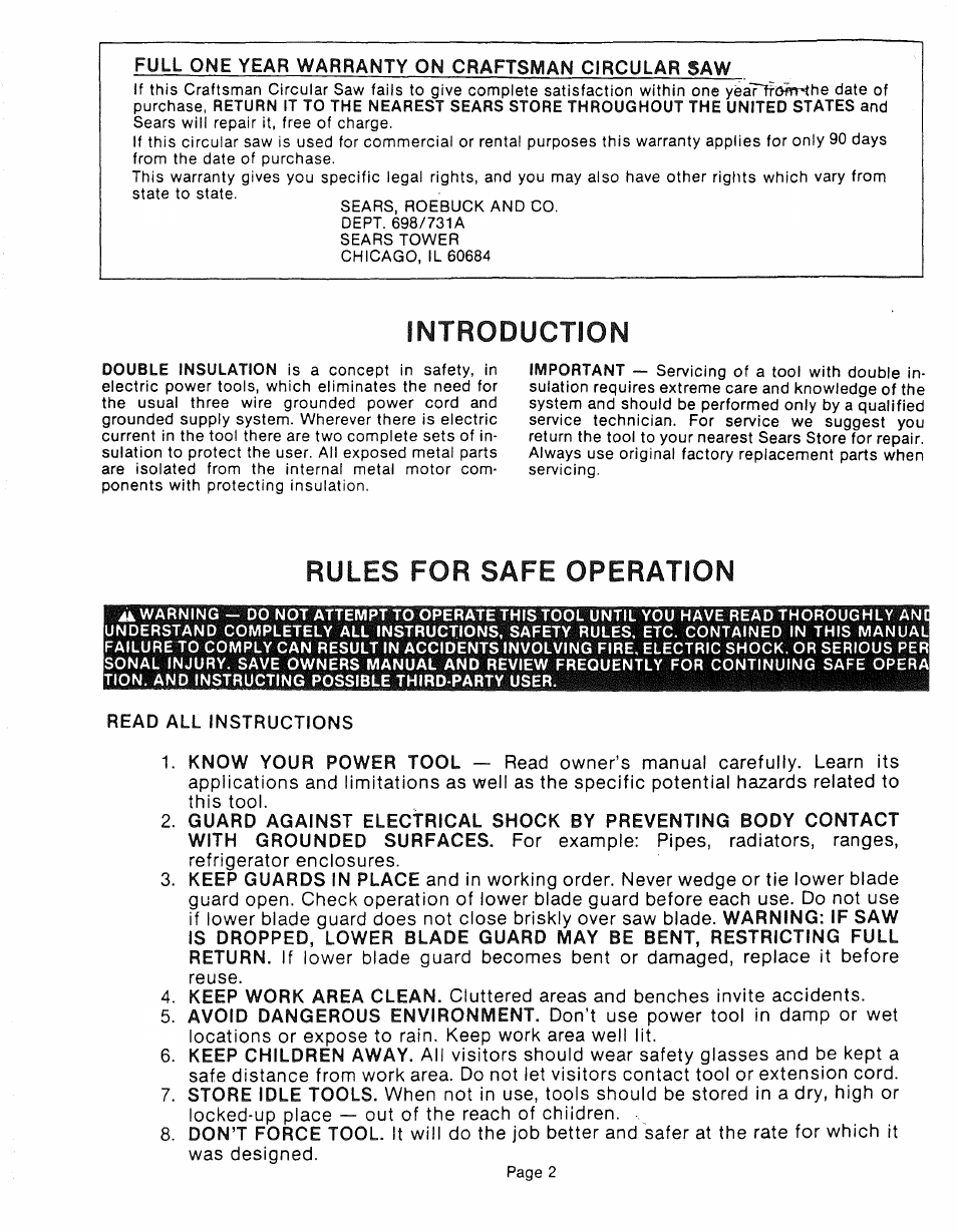 Introduction, Rules for safe operation | Sears 315.10924 User Manual | Page 2 / 16
