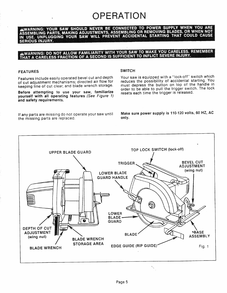 Operation | Sears 315.10924 User Manual | Page 5 / 16