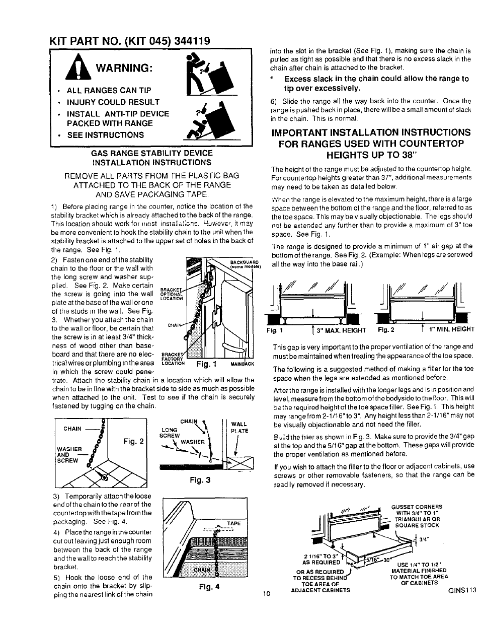 Kit part no. (kit 045) 344119, Warning, Fig. 1 | Sears 36519 User Manual | Page 11 / 39