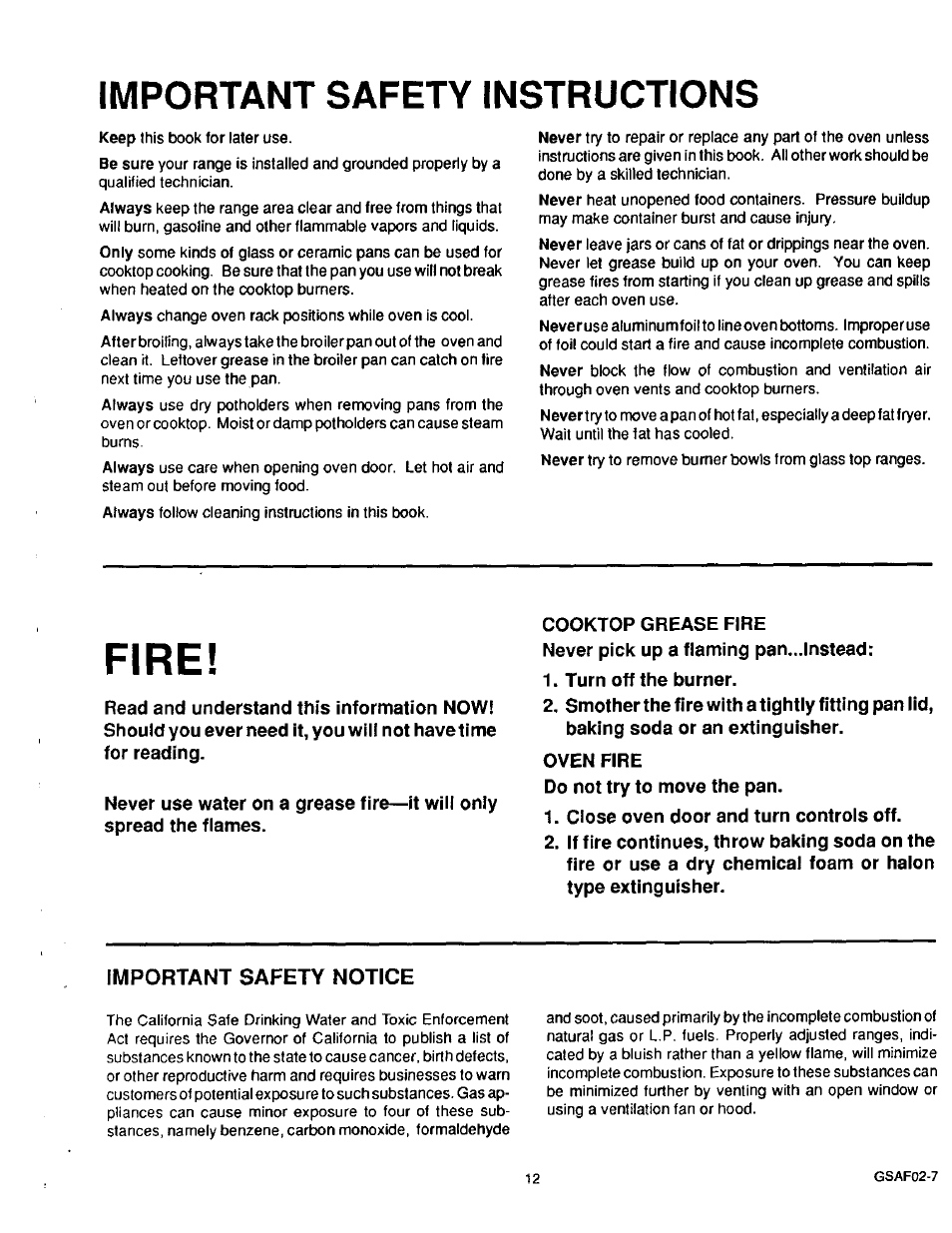 Important safety instructions, Important safety notice, Fire | Sears 36519 User Manual | Page 13 / 39