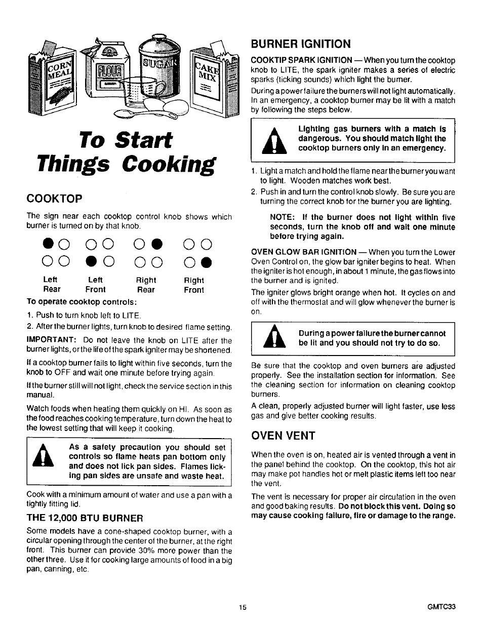 To start things cooking, Cooktop, Ooo o# oo | Burner ignition, Oven vent, O o o | Sears 36519 User Manual | Page 16 / 39