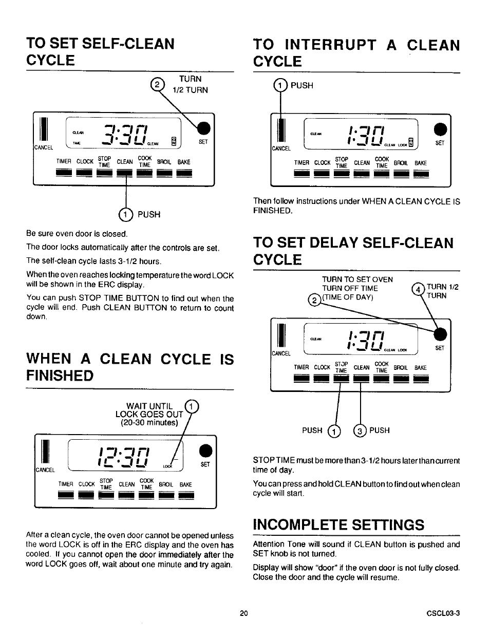 When a clean cycle is finished, Incomplete settings | Sears 36519 User Manual | Page 21 / 39