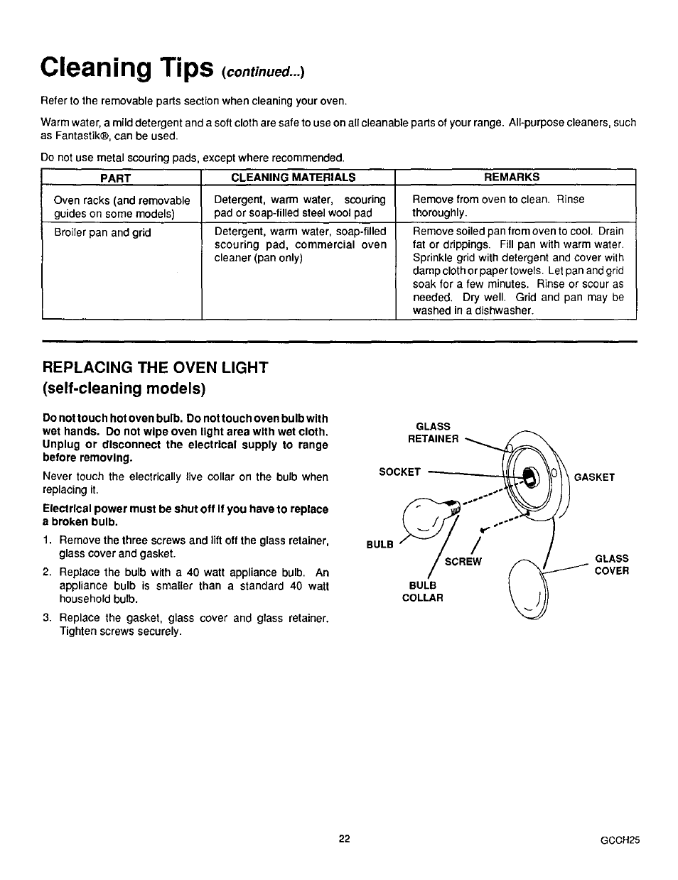 Cleaning tips {continued...), Replacing the oven light (self-cleaning models), Cleaning tips | Self-cleaning models), Replacing the oven light | Sears 36519 User Manual | Page 23 / 39