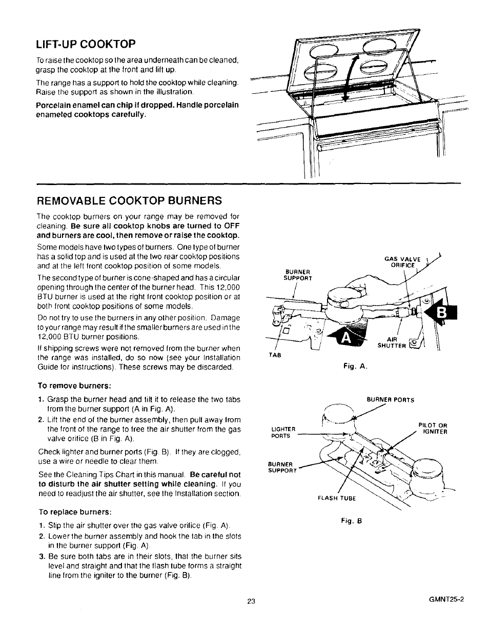 Lift-up cooktop, Removable cooktop burners, To remove burners | To replace burners | Sears 36519 User Manual | Page 24 / 39