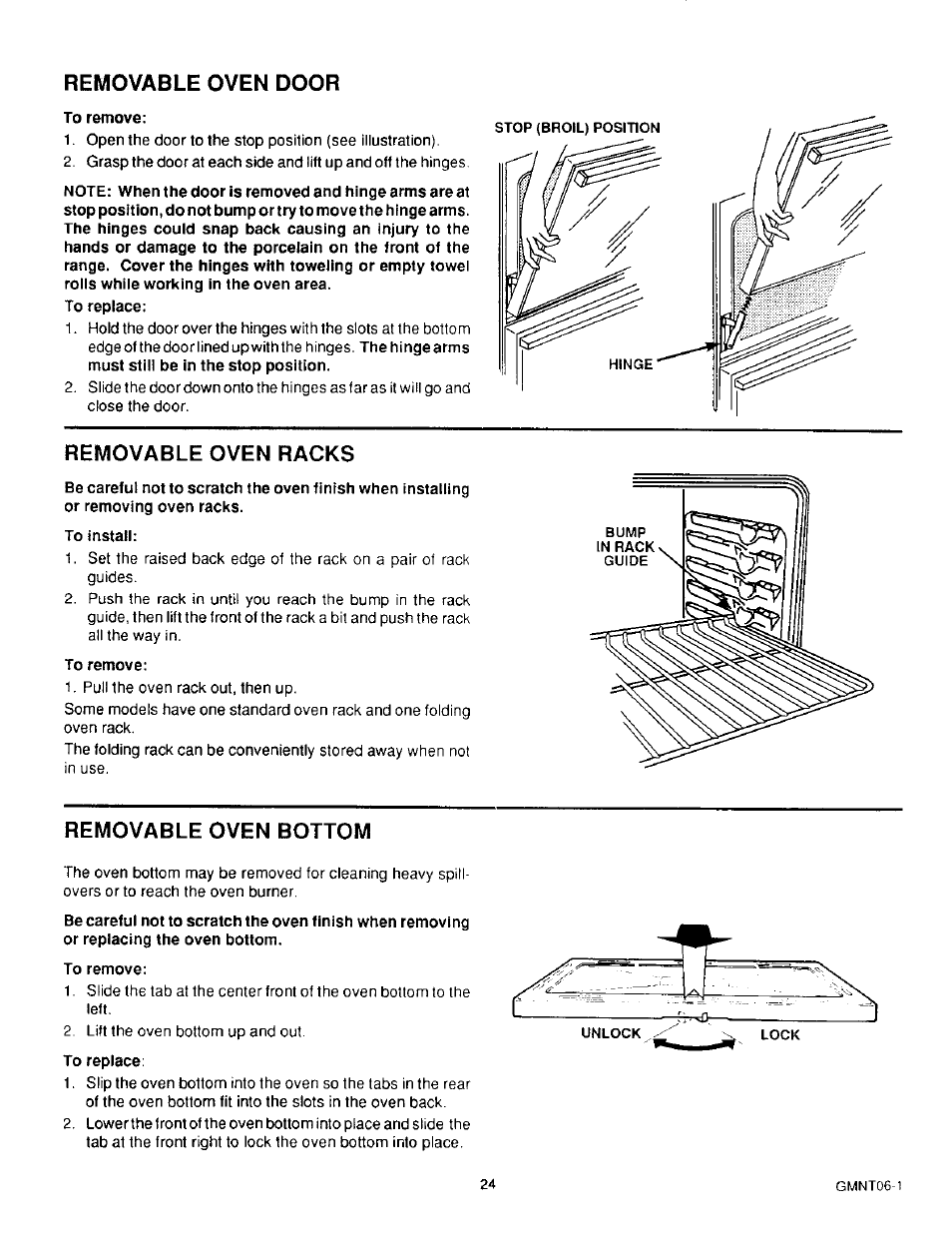 Removable oven door, To remove, Removable oven racks | To install, Removable oven bottom, To replace | Sears 36519 User Manual | Page 25 / 39