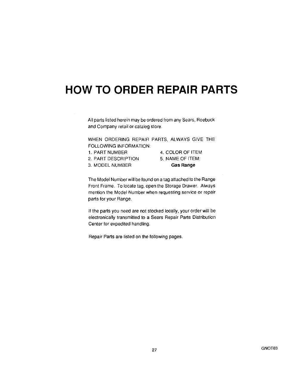 How to order repair parts | Sears 36519 User Manual | Page 28 / 39