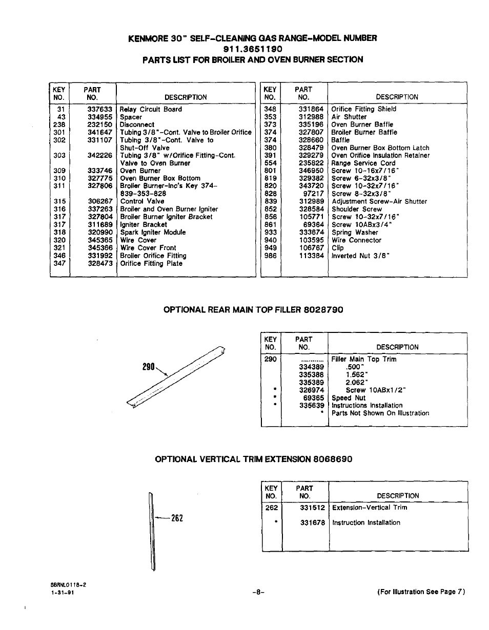 Optional rear main top filler 8028790, Optional vertical trim extension 8068690 | Sears 36519 User Manual | Page 36 / 39