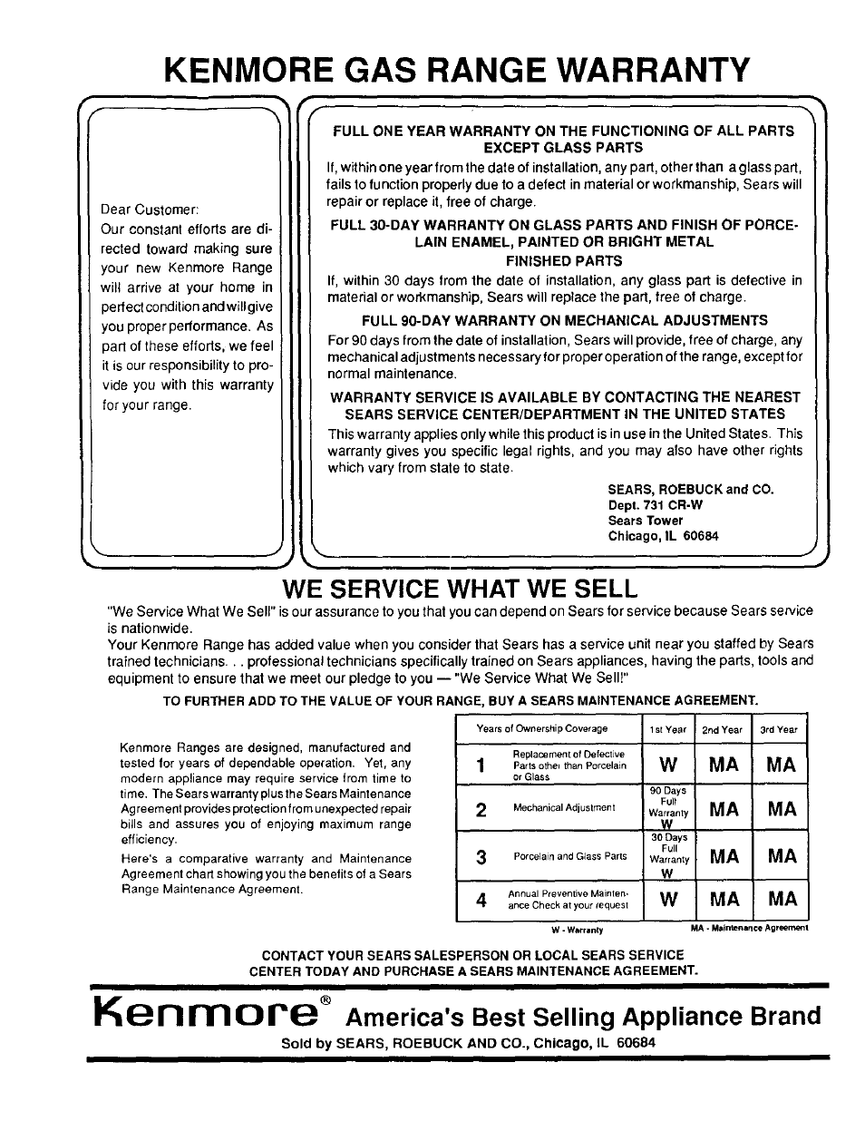 Kenmore gas range warranty, Kenmore, We service what we sell | America's best selling appliance brand, Wma ma | Sears 36519 User Manual | Page 39 / 39