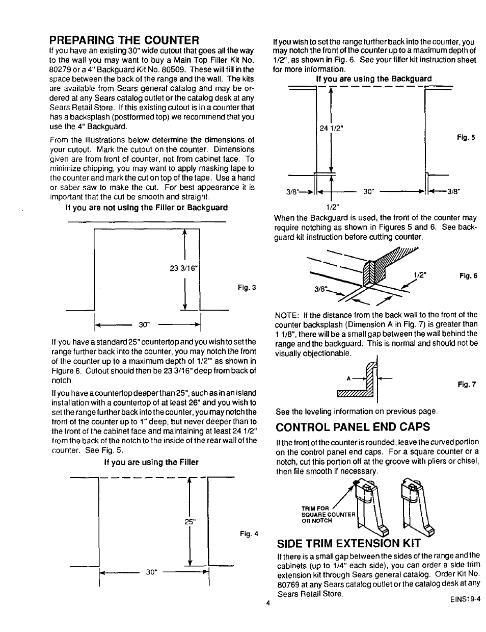 Preparing the counter, Control panel end caps, Side trim extension kit | Sears 36519 User Manual | Page 5 / 39