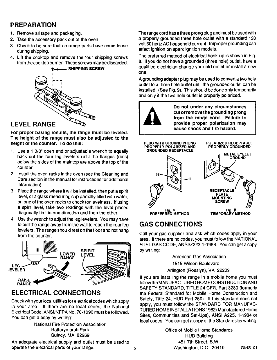 Preparation, Electrical connections, Gas connections | Sears 36519 User Manual | Page 6 / 39