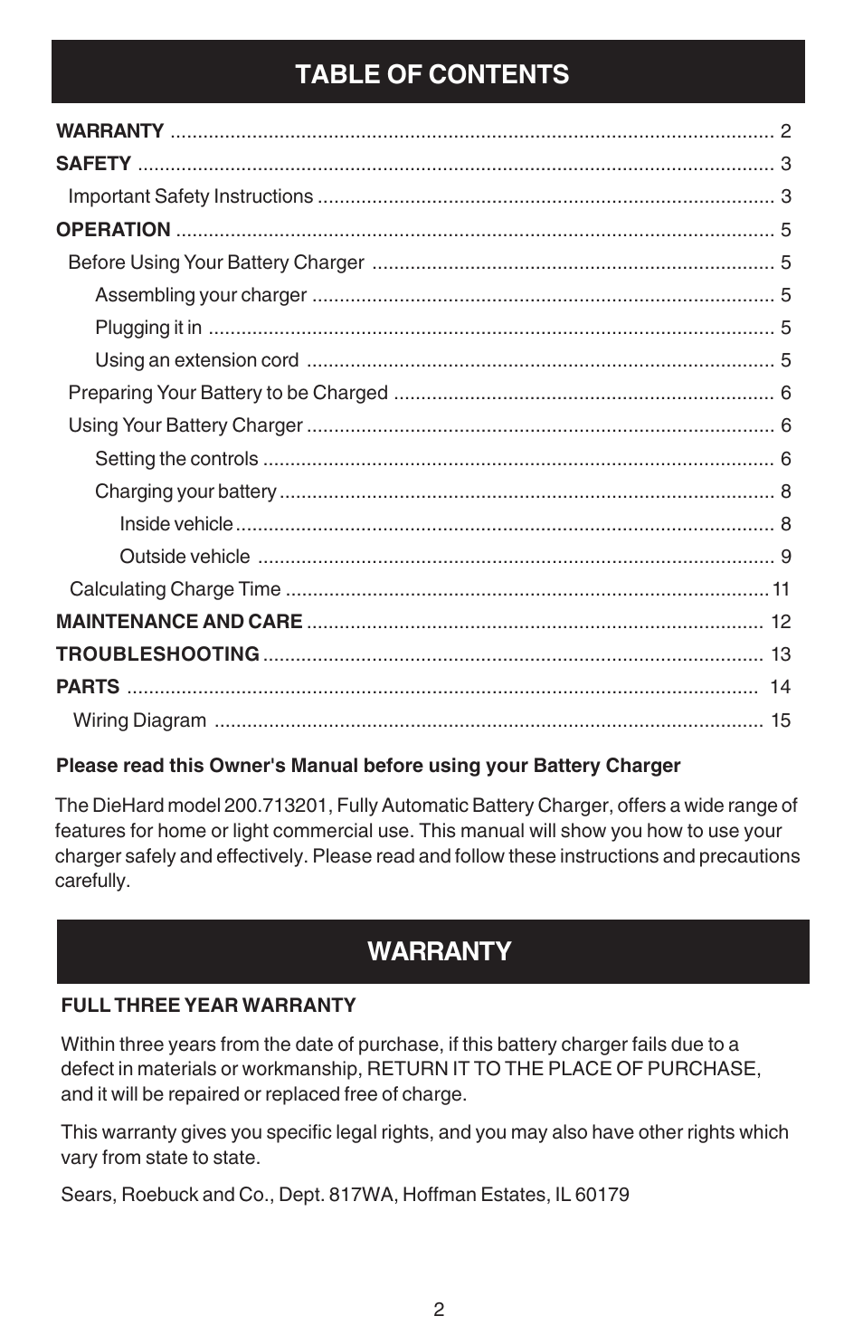 Warranty | Sears 200.713201 User Manual | Page 2 / 16