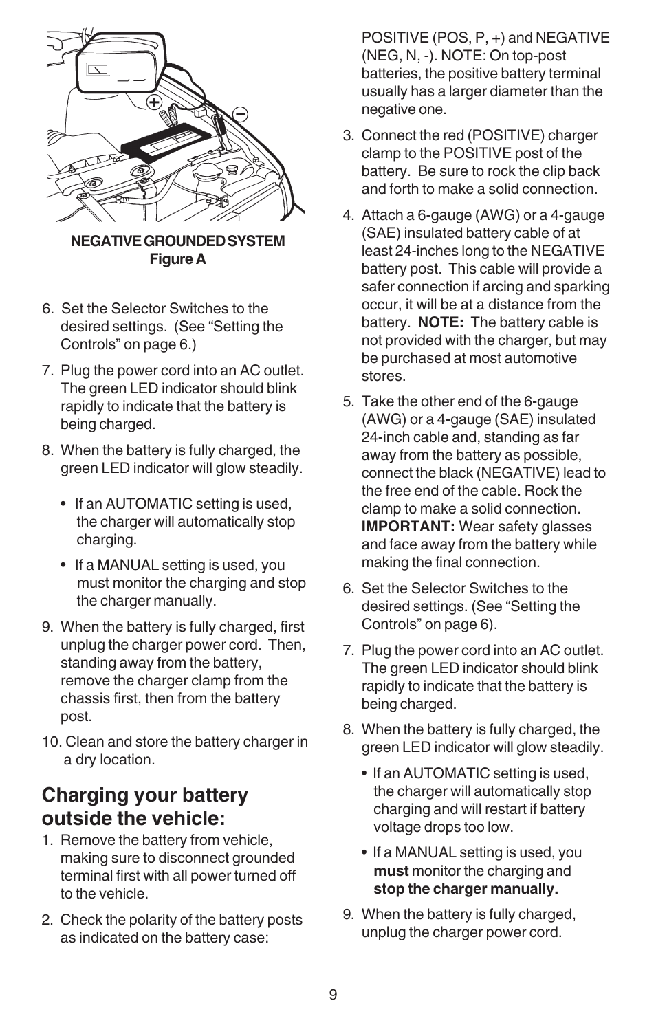 Safety troubleshooting maintenance operation parts, Charging your battery outside the vehicle | Sears 200.713201 User Manual | Page 9 / 16