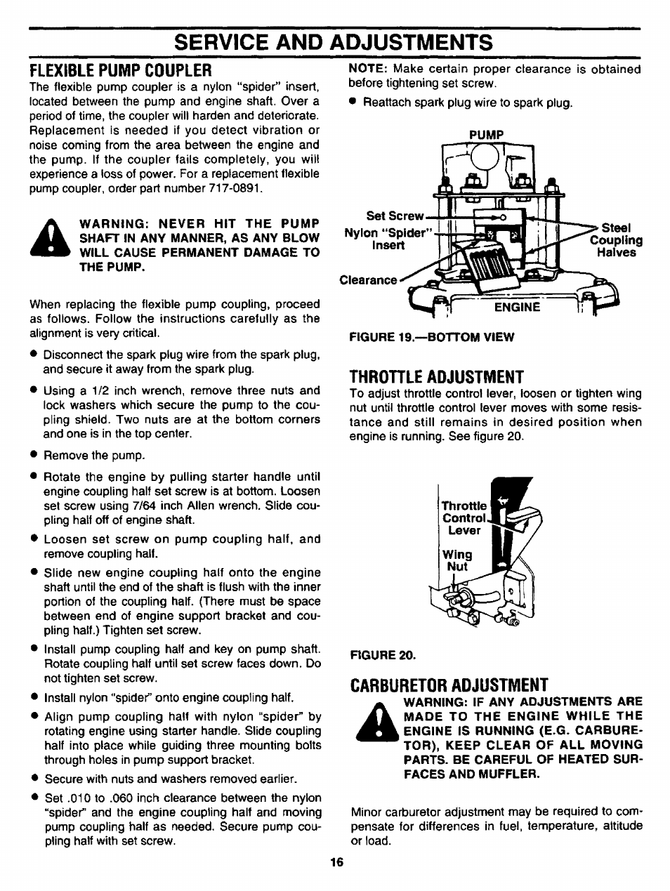Service and adjustments, Flexible pump coupler, Throhle adjustment | Carburetor adjustment, Throttle adjustment | Sears 247.34625 User Manual | Page 16 / 28