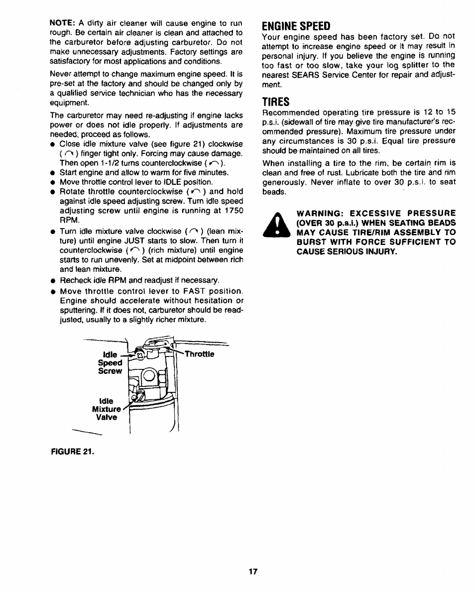 Engine speed, Tires | Sears 247.34625 User Manual | Page 17 / 28