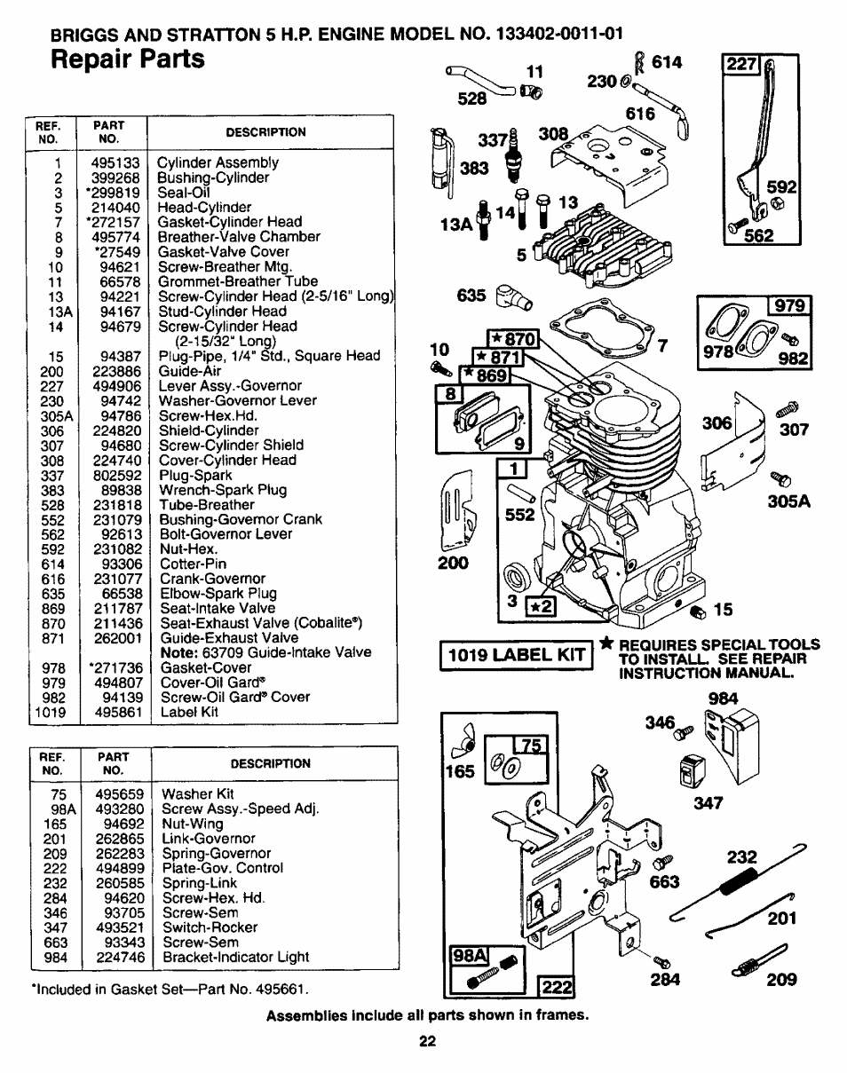 1019 label kit, Repair parts | Sears 247.34625 User Manual | Page 22 / 28