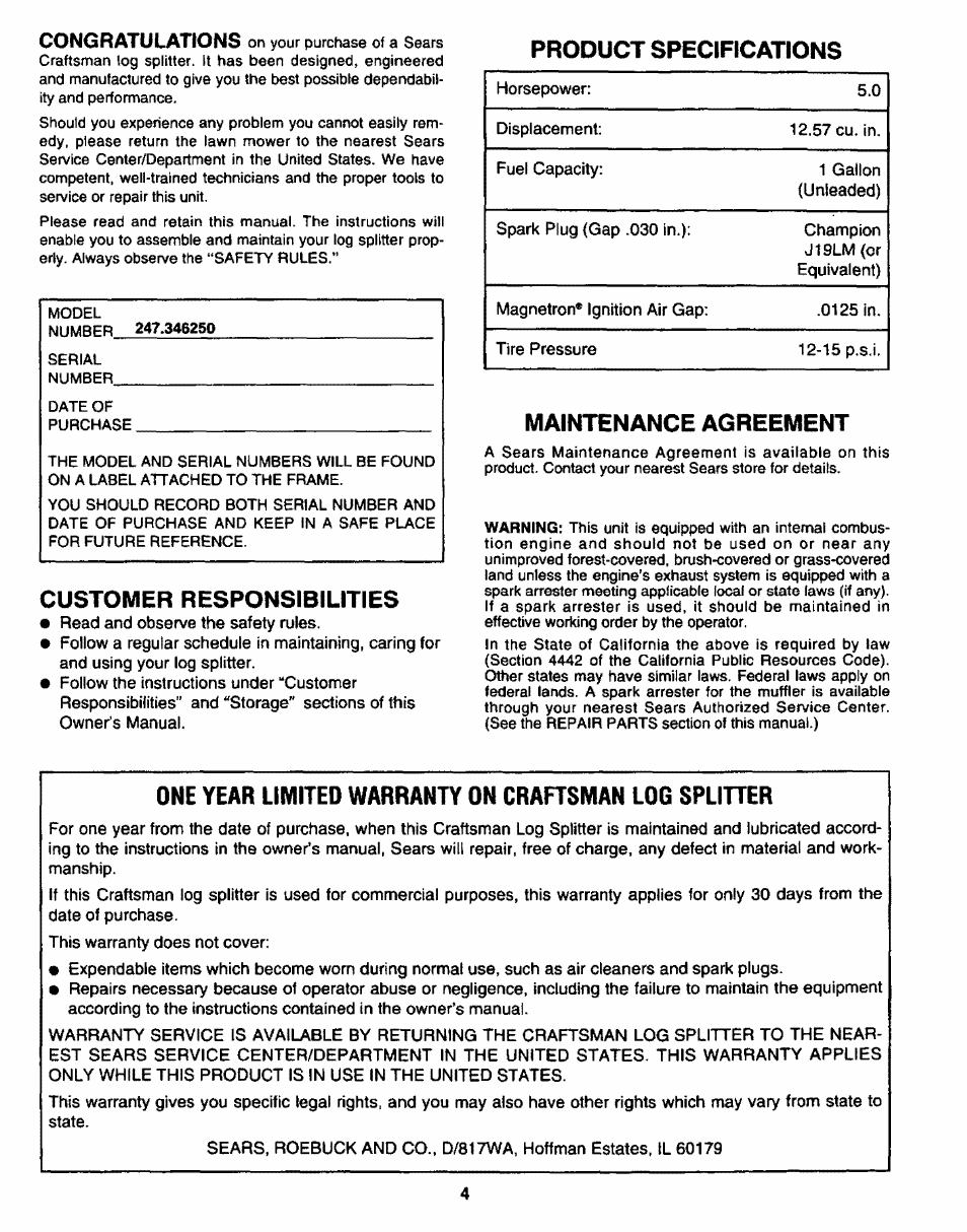 Product specifications, Customer responsibilities, Maintenance agreement | One year limited warranty on craftsman log spliher | Sears 247.34625 User Manual | Page 4 / 28